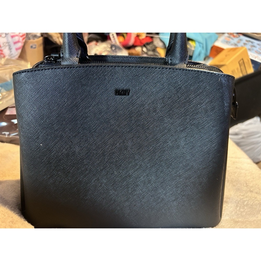 DKNY Black Saffiano Satchel Tote Bag Structured Zip Top Purse Women's Handbag